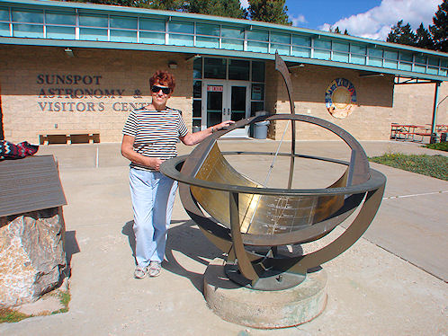 Eve DeLange Using The Armillary Sphere and Sundial. Sunspot Visitor Center and Museum. National Solar Observatory, Sacramento Peak Near Sunspot In New Mexico. Hikes, Travels, & Tours. Photos, Pictures, Images,& Reviews.